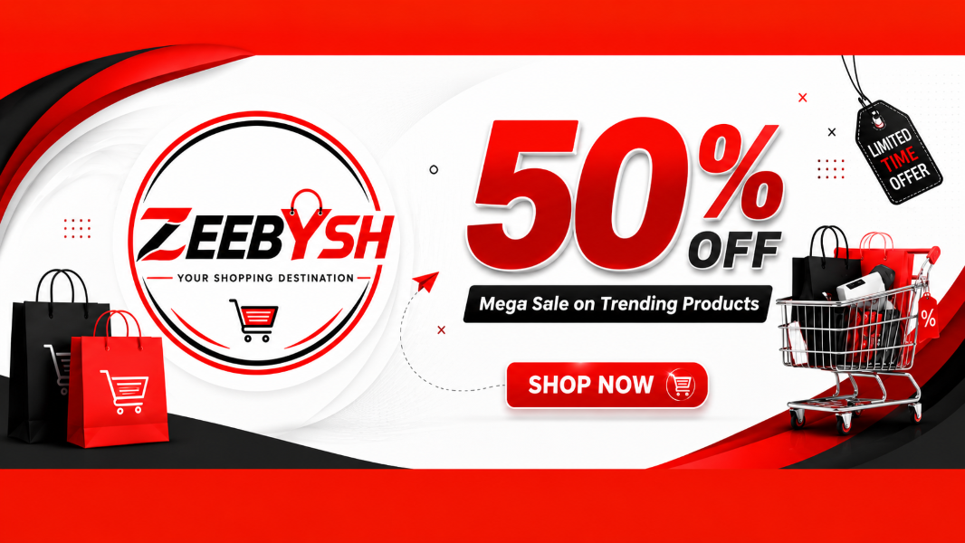 Promotional banner for Zeebys with 50% off offer and shopping cart graphics.